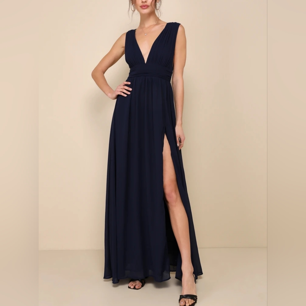 Lulu's Heavenly Hues Navy Blue Double V-Neck Maxi Dress, Size Large - Picture 1 of 14